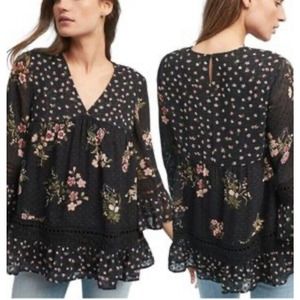Maeve Anthropologie Women's STEFFY‎ Swiss Dot Floral Bell-Sleeve Top Size Small
